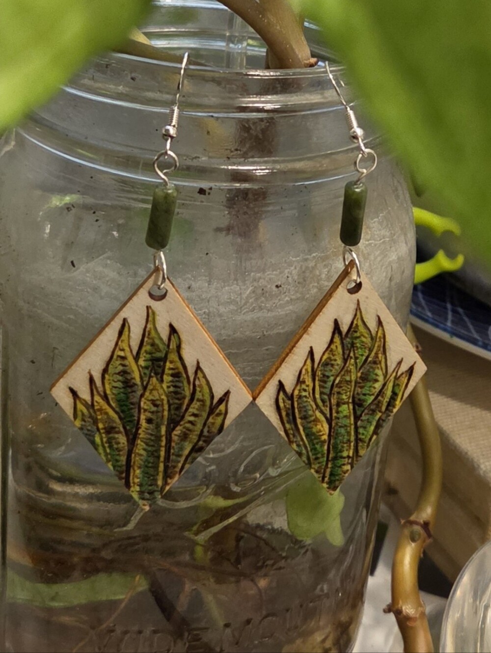 Handcrafted Green Botanical Wooden Drop Earrings Sterling and Jade